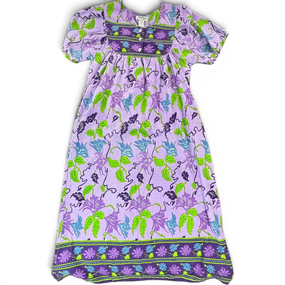 Anthony Richards Purple Floral Cotton Muumuu House Dress Pockets Medium